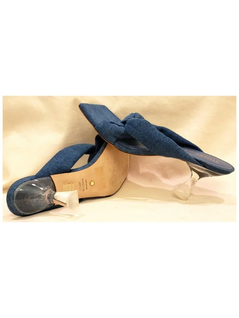 Stuart Weitzman Blue Denim Knot Mule Sandals Lucite Clear Heel Size 8.5 B